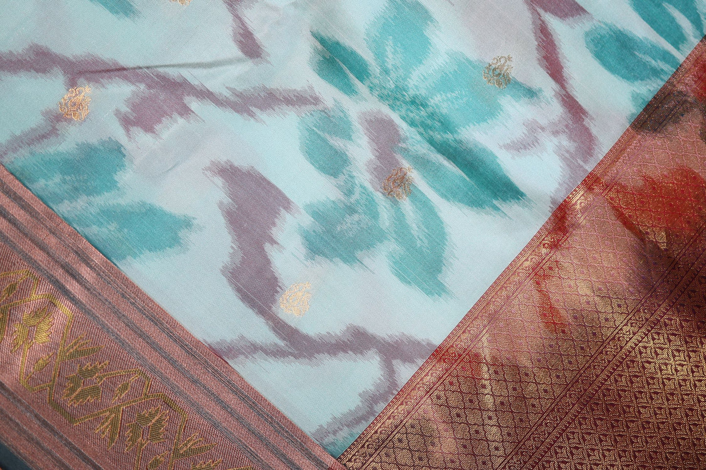 Pure Silk Saree - Aqua Green Pochampally Design with Brown Color