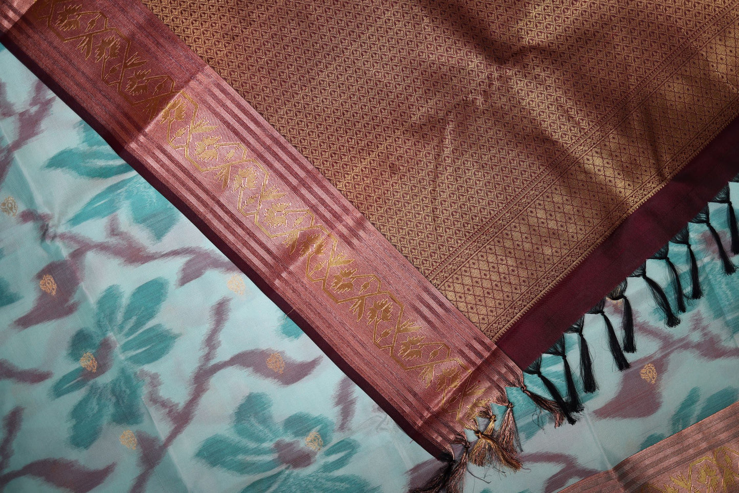 Pure Silk Saree - Aqua Green Pochampally Design with Brown Color