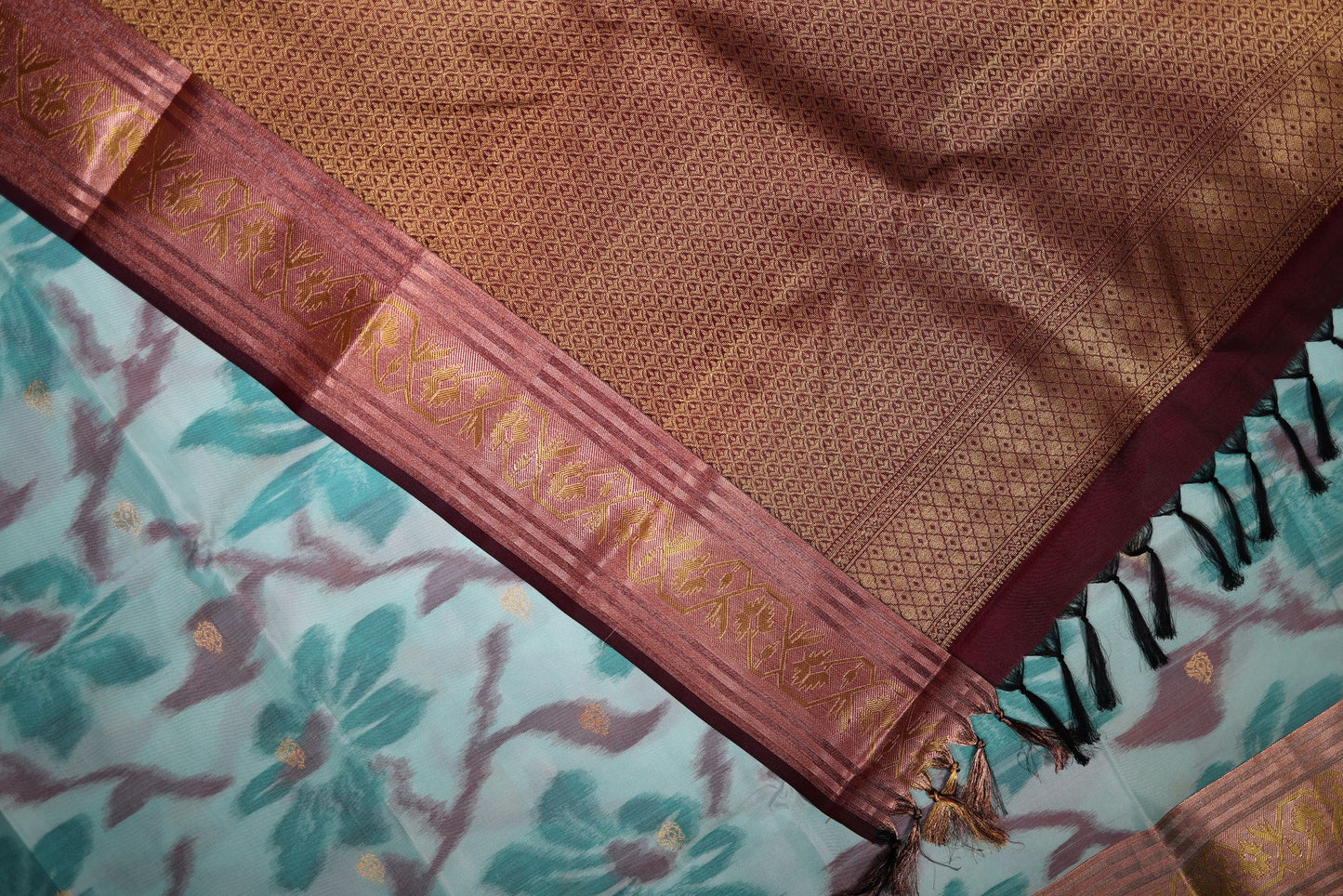 Pure Silk Saree - Aqua Green Pochampally Design with Brown Color