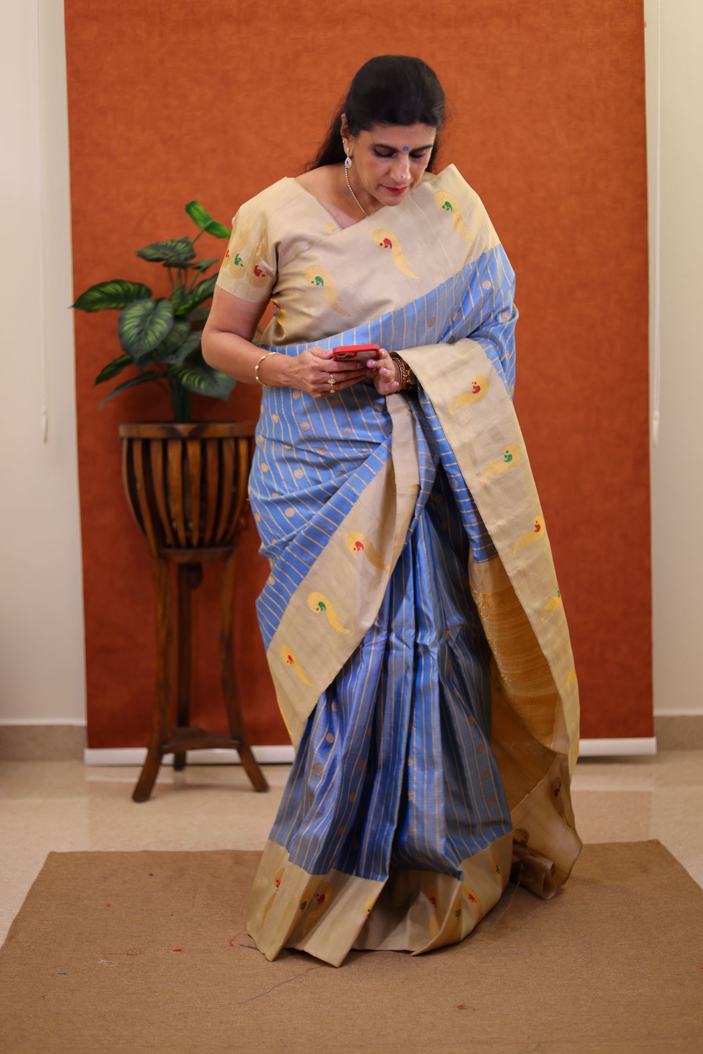 Paithani Silk Saree- Ash Blue Color with Ivory Color Zari Border