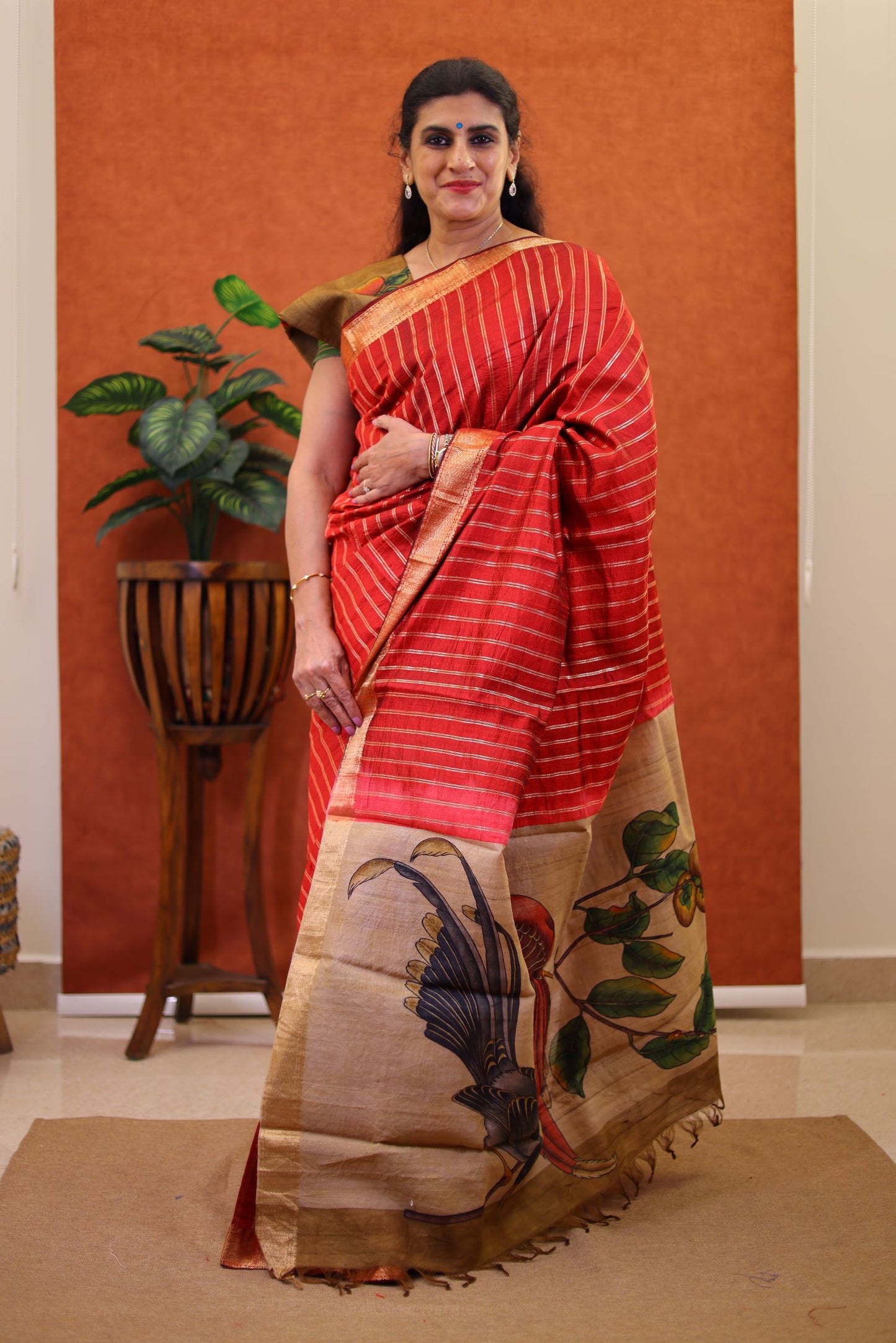 Pure Raw Silk Saree-Chilly Red With Kalamkari pallu