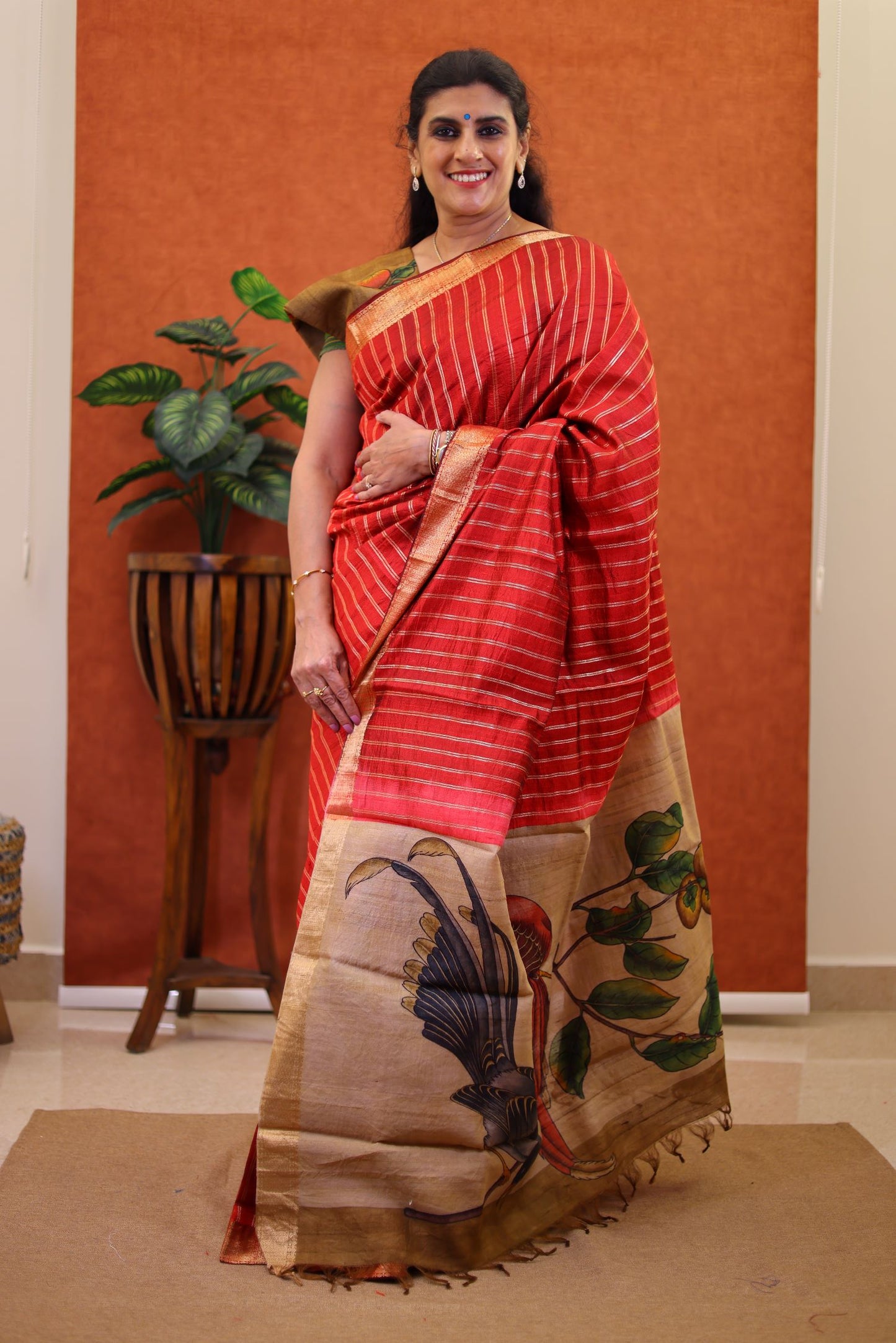 Pure Raw Silk Saree-Chilly Red With Kalamkari pallu
