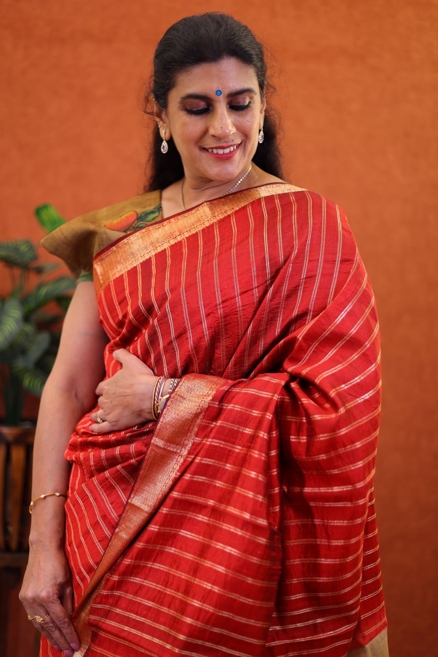 Pure Raw Silk Saree-Chilly Red With Kalamkari pallu