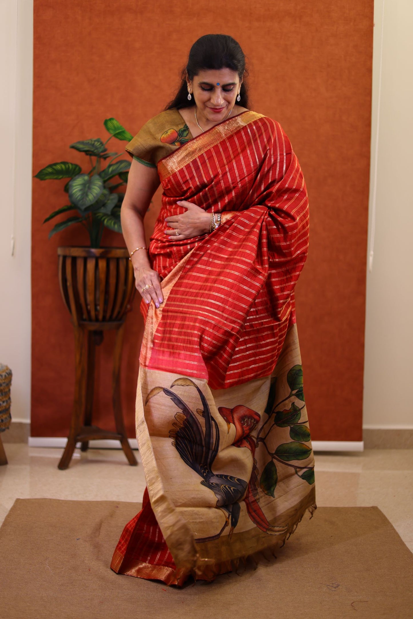 Pure Raw Silk Saree-Chilly Red With Kalamkari pallu