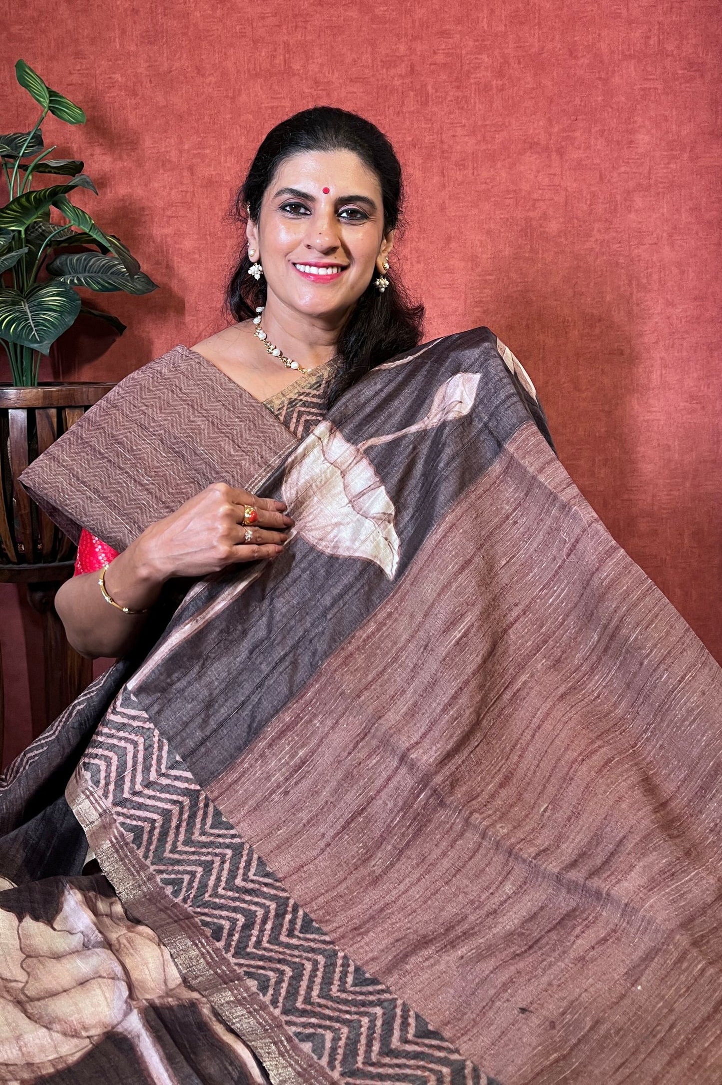 Semi Tussar Saree - Coffee Brown Color