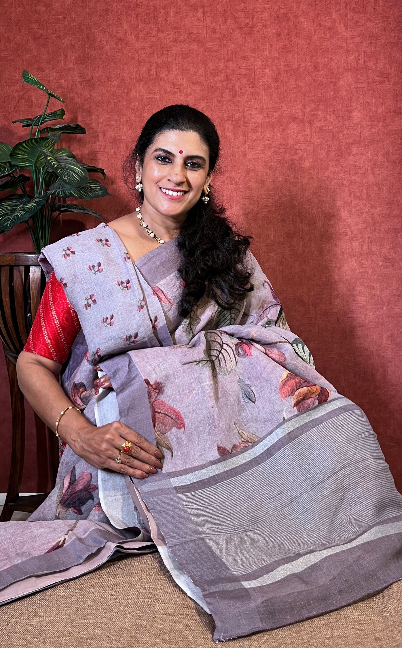 Pure Linen Saree with Digital Print - Purple Grey