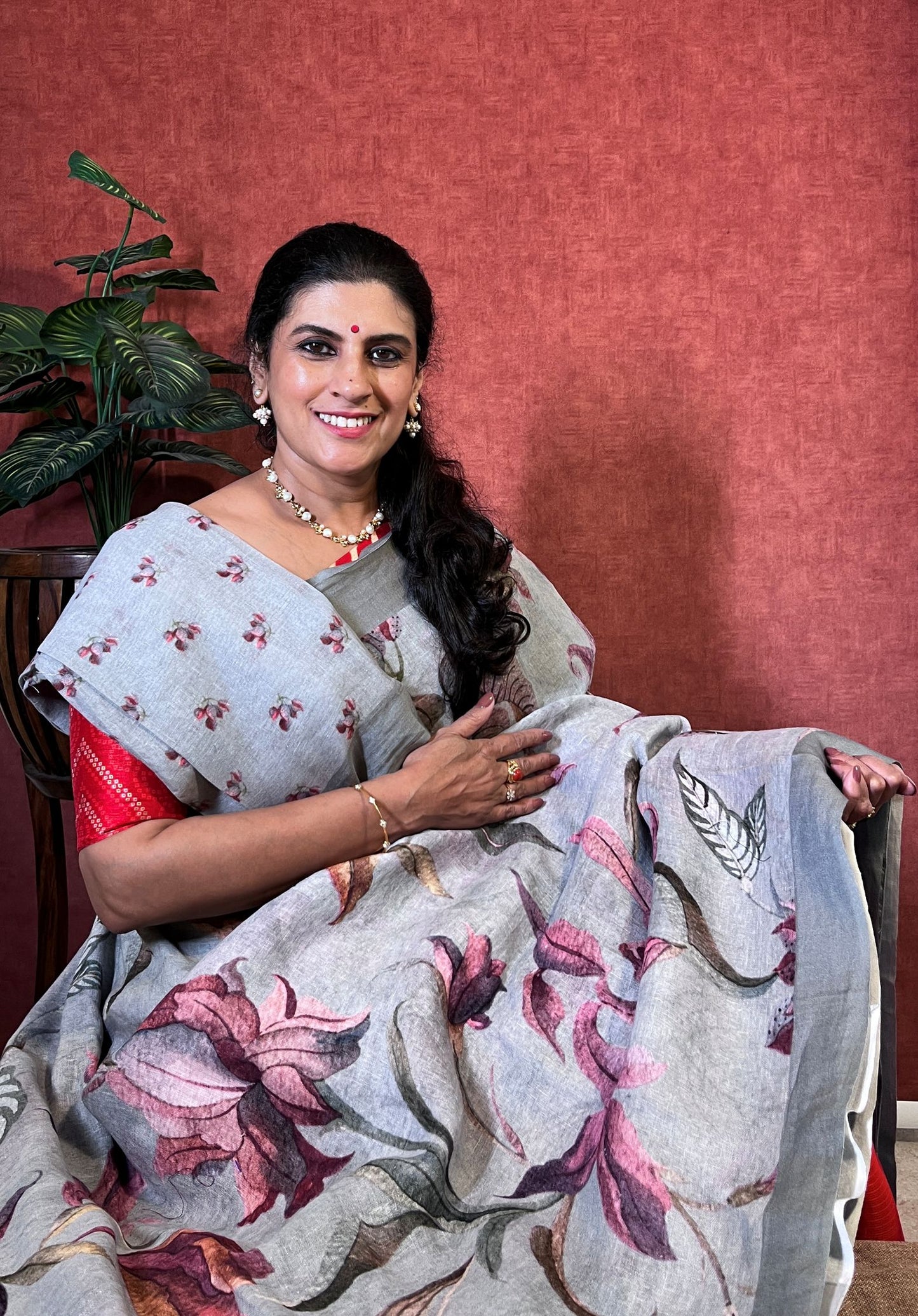 Pure Linen Saree with Digital Print - Purple Grey