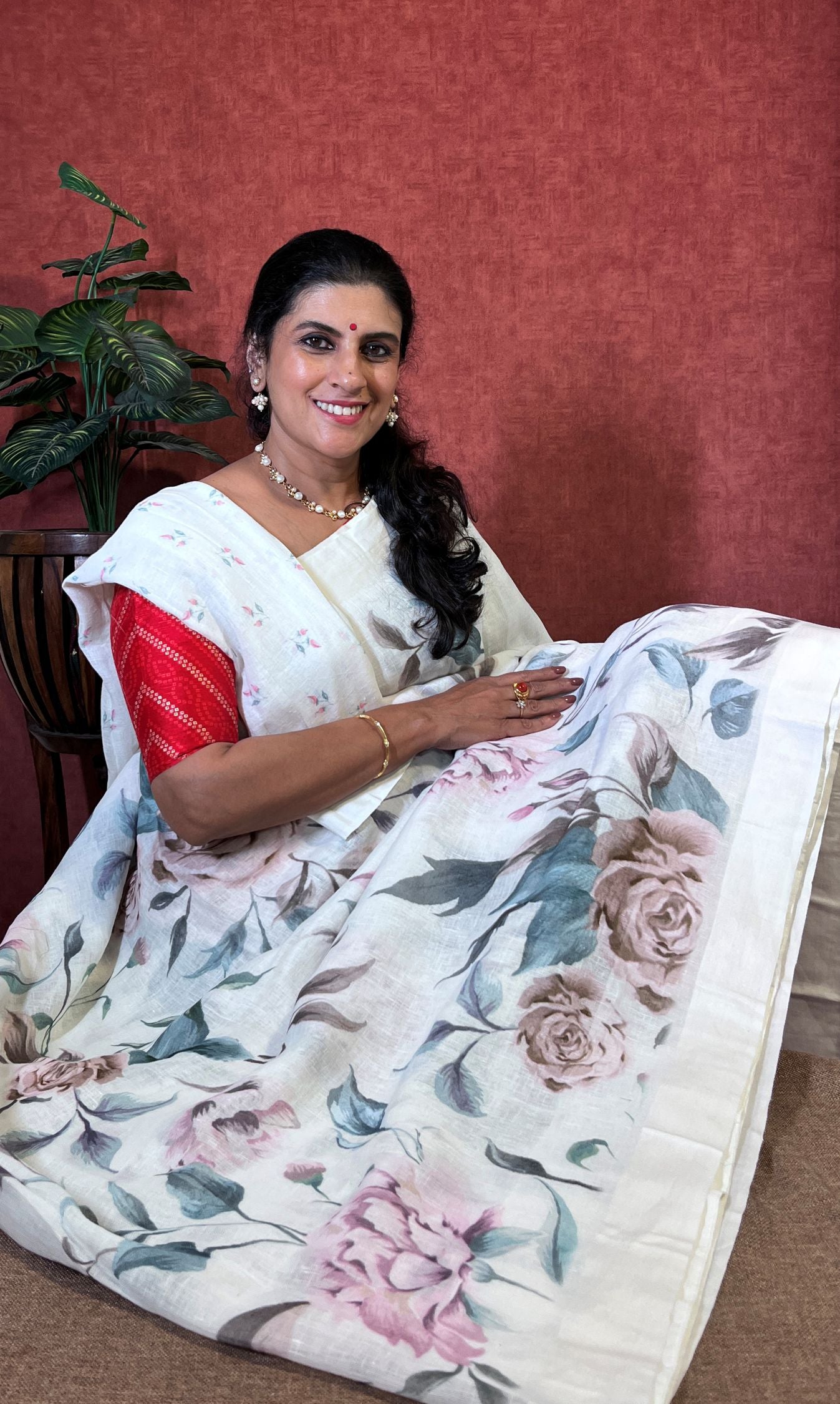Pure Linen Saree with Digital Print - Beige