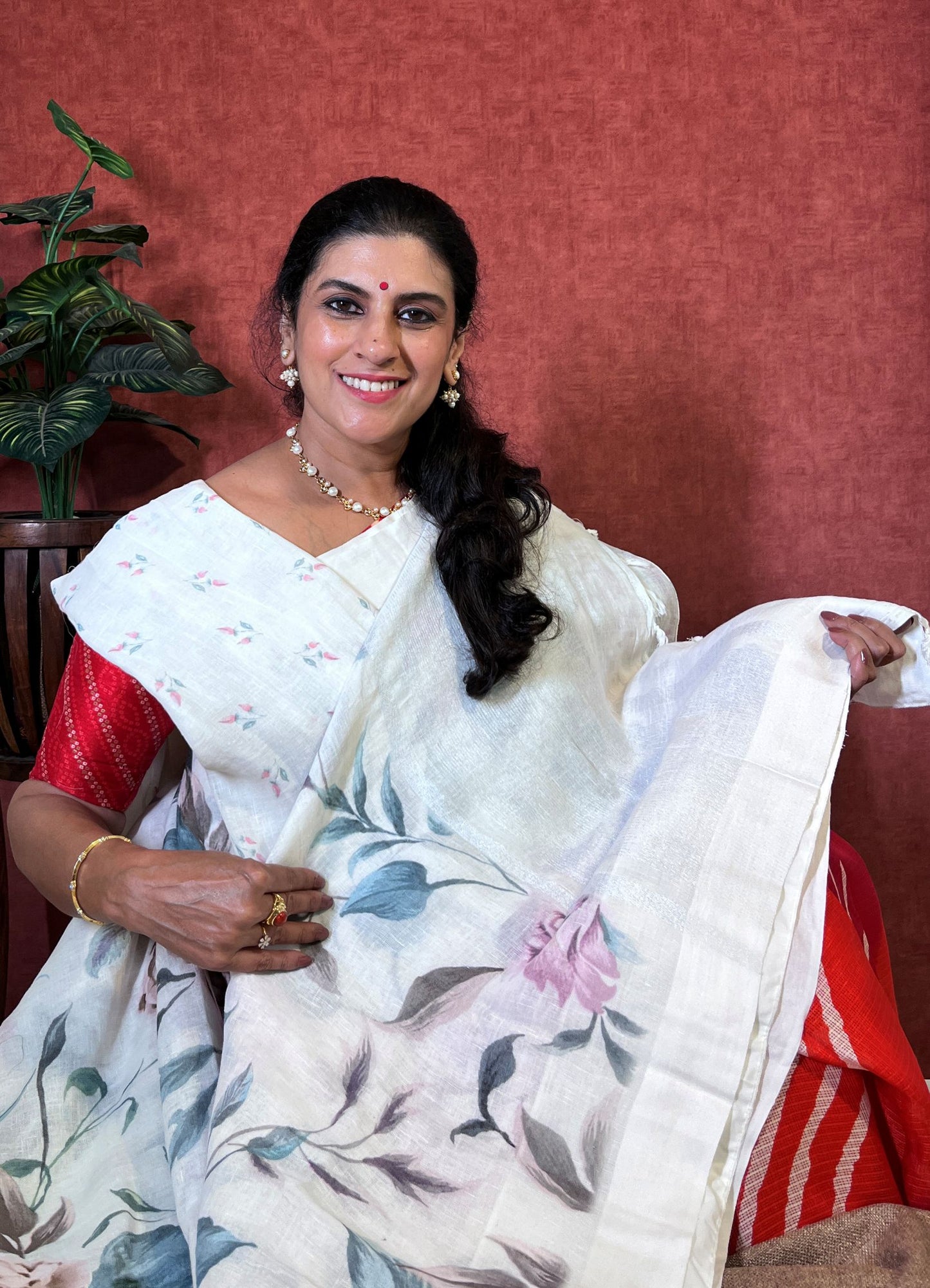 Pure Linen Saree with Digital Print - Beige