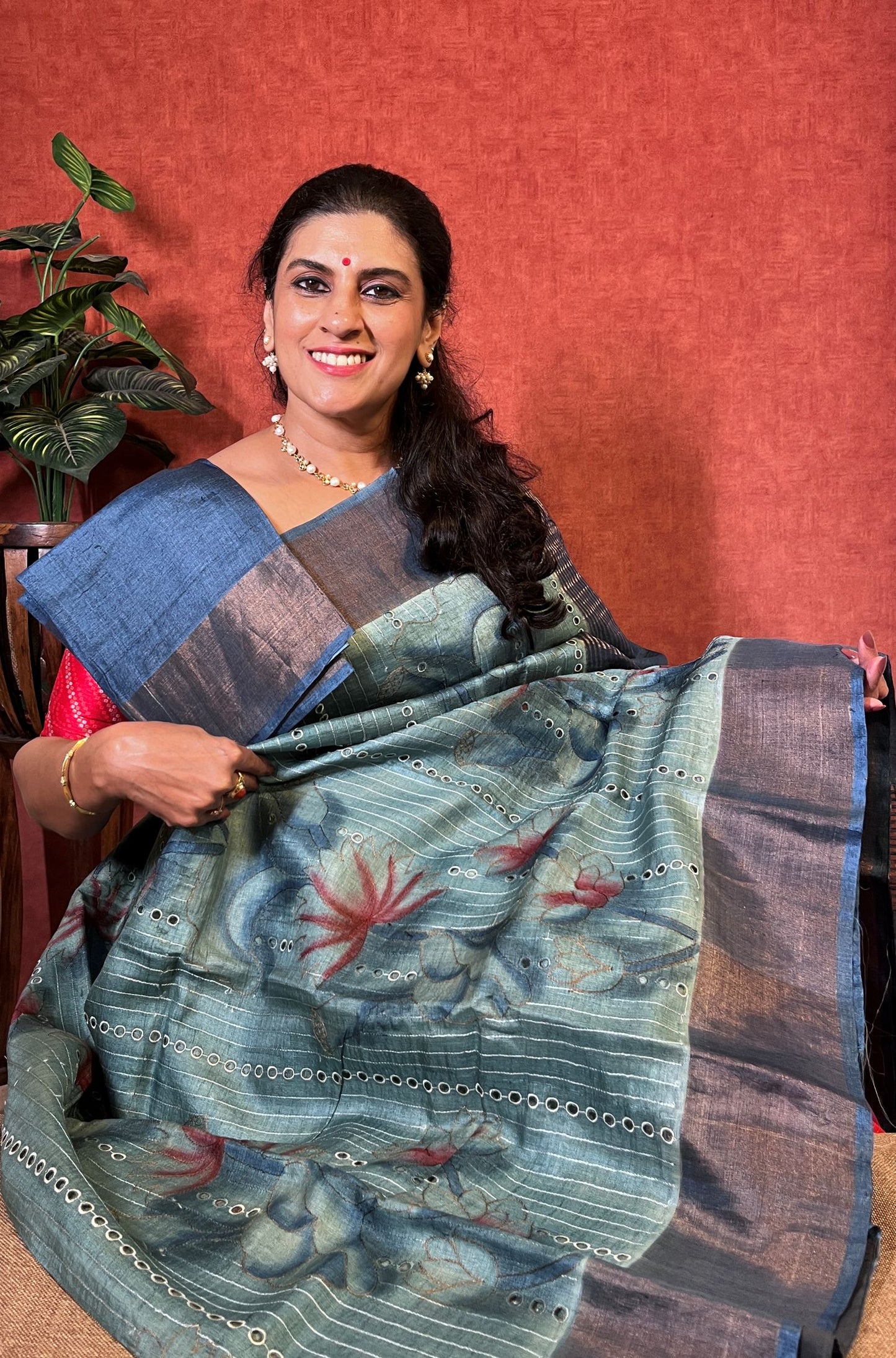 Pure Tussar - Teal Blue Color Floral Design with Zari Border and Embroidery