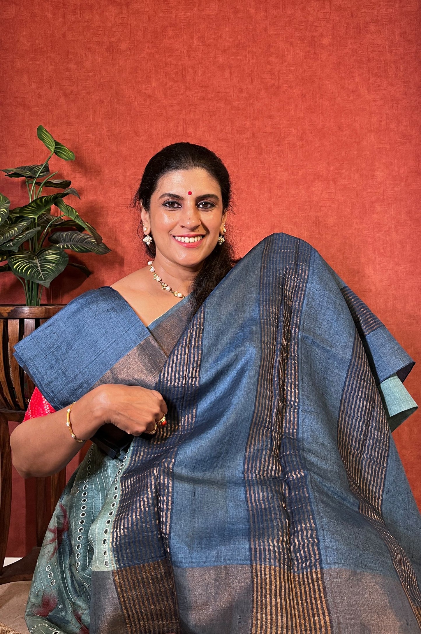 Pure Tussar - Teal Blue Color Floral Design with Zari Border and Embroidery