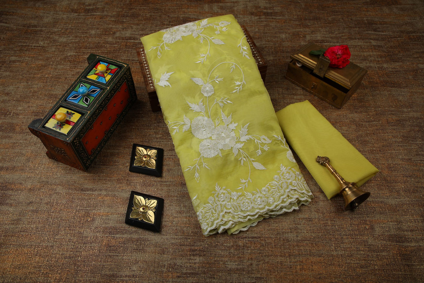 Semi Organza Saree with Embroidery  - Yellow