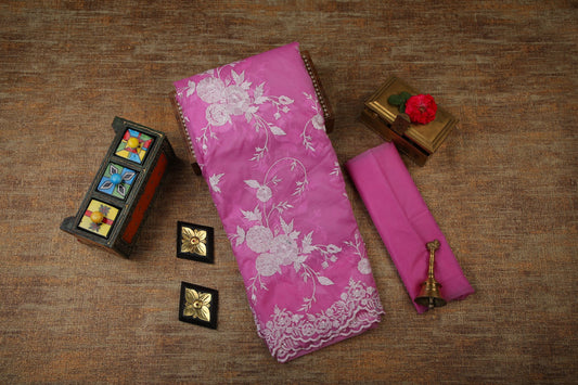 Semi Organza Saree with Embroidery  - Purple