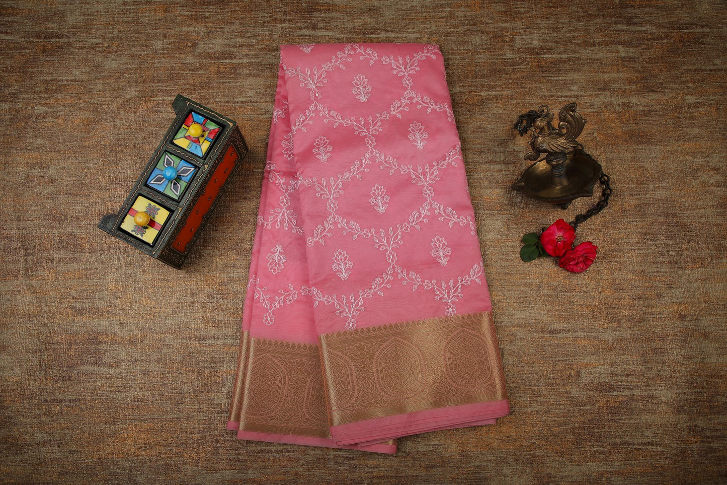 Semi Organza Saree with Embroidery and Zari Border - Pink