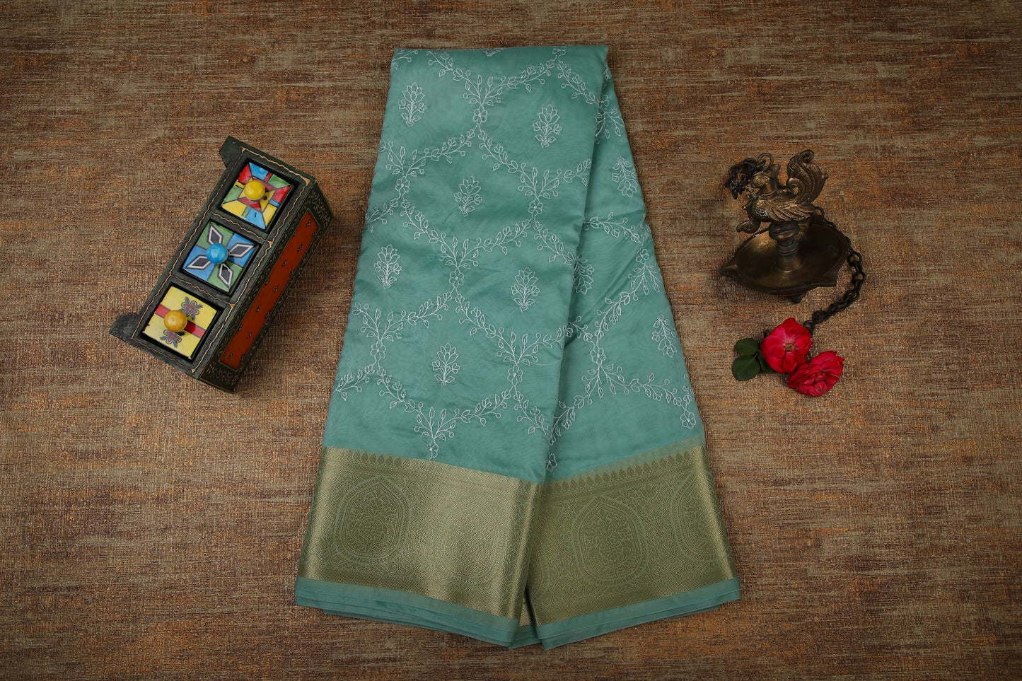 Semi Organza Saree with Embroidery and Zari Border - Pastel Green