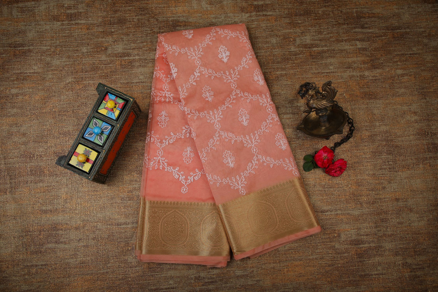 Semi Organza Saree with Embroidery and Zari Border - Peach