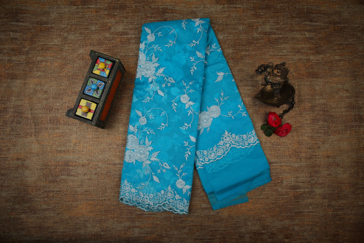 Semi Organza Saree with Embroidery  -  Blue