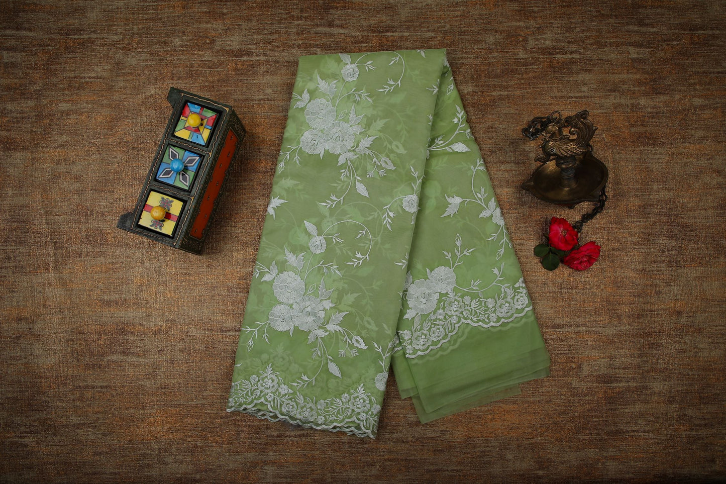 Semi Organza Saree with Embroidery  - Pastel Green