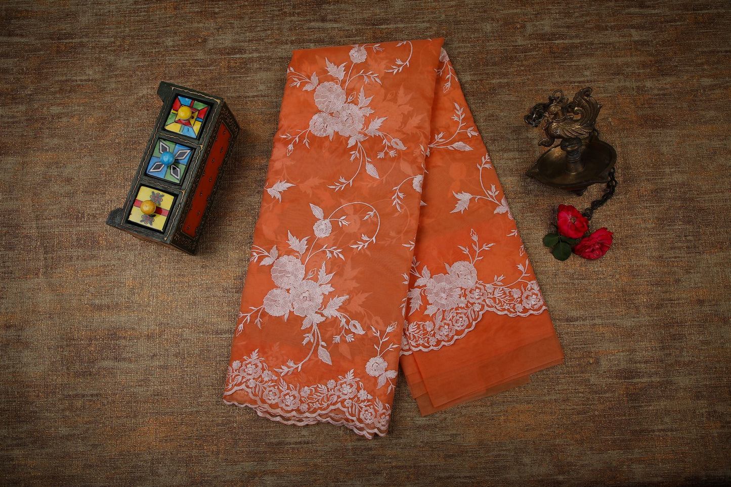 Semi Organza Saree with Embroidery  - Peach