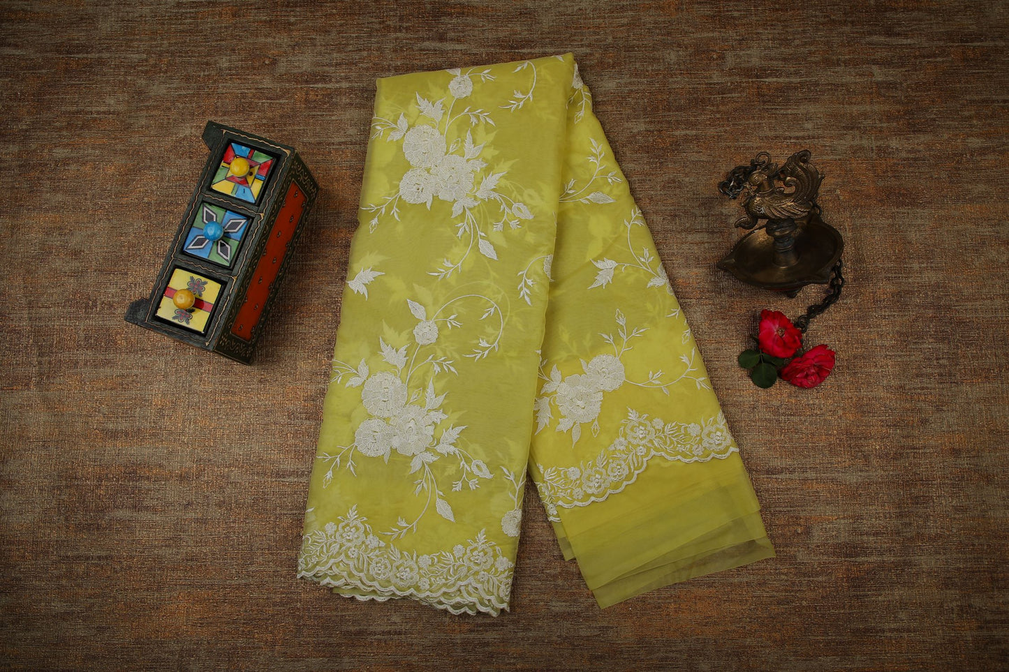 Semi Organza Saree with Embroidery  - Yellow