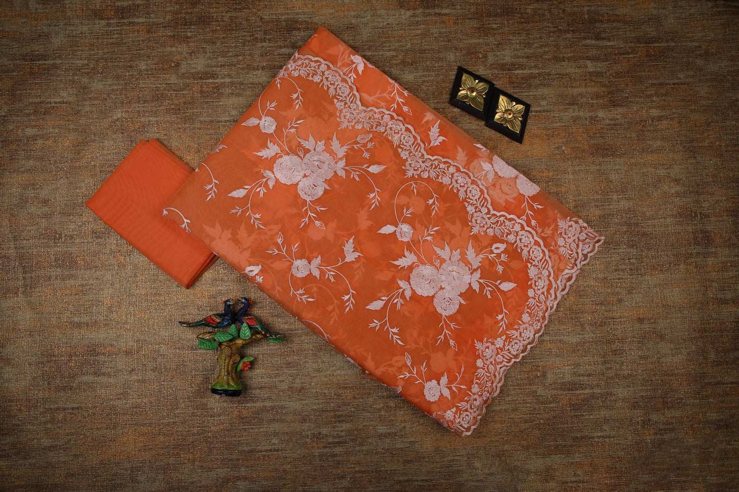 Semi Organza Saree with Embroidery  - Peach