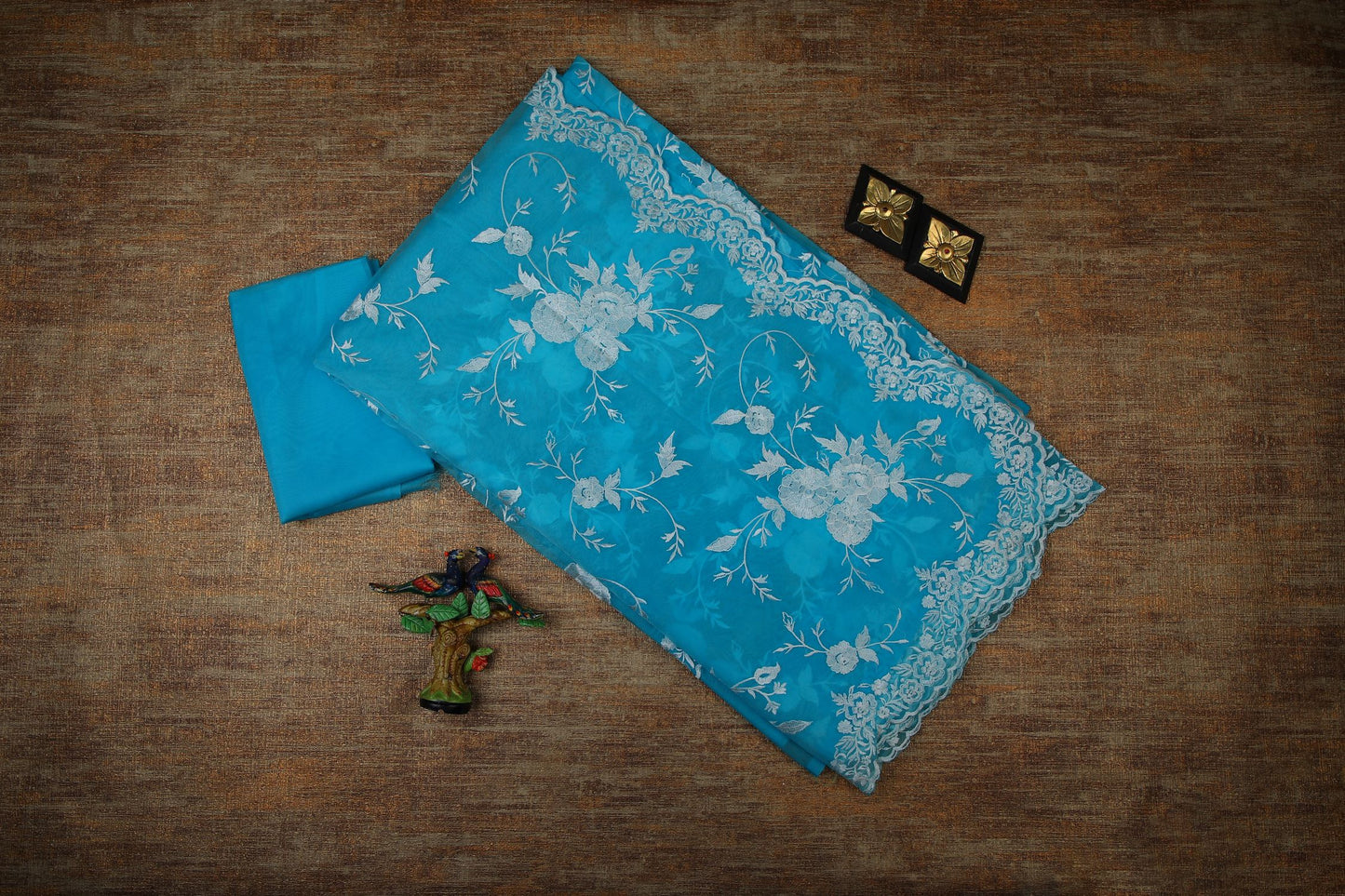 Semi Organza Saree with Embroidery  -  Blue