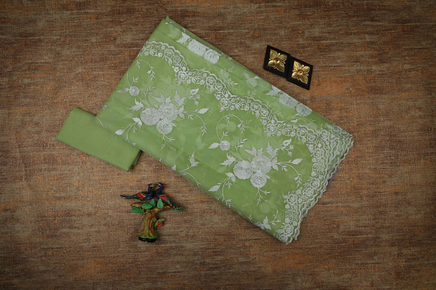 Semi Organza Saree with Embroidery  - Pastel Green