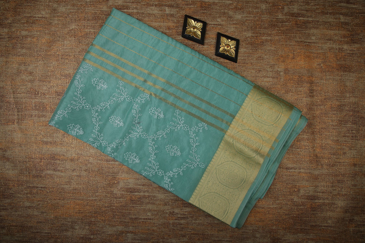 Semi Organza Saree with Embroidery and Zari Border - Pastel Green