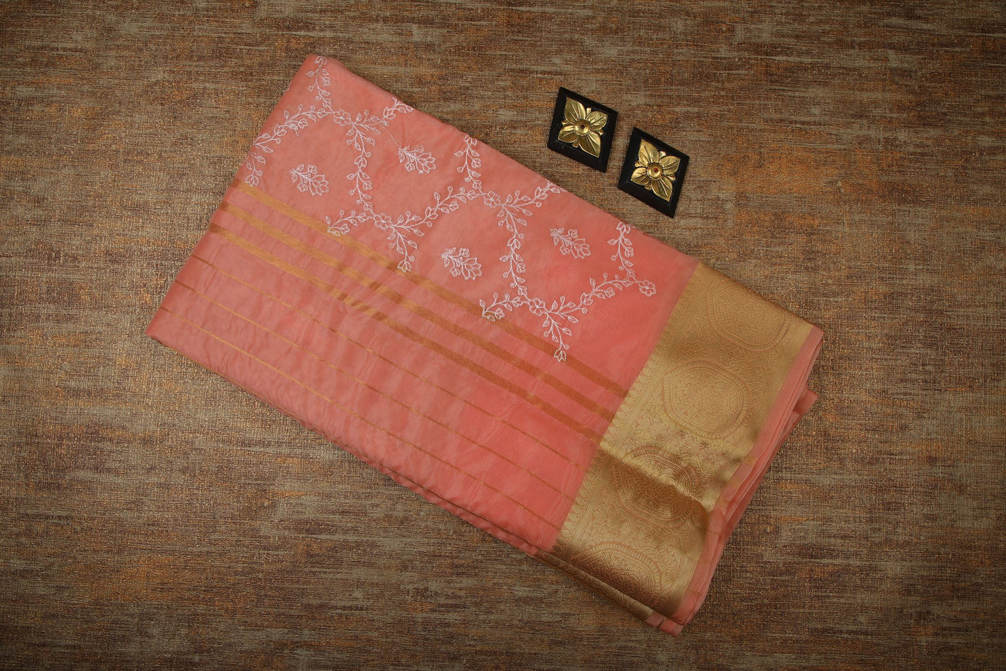 Semi Organza Saree with Embroidery and Zari Border - Peach