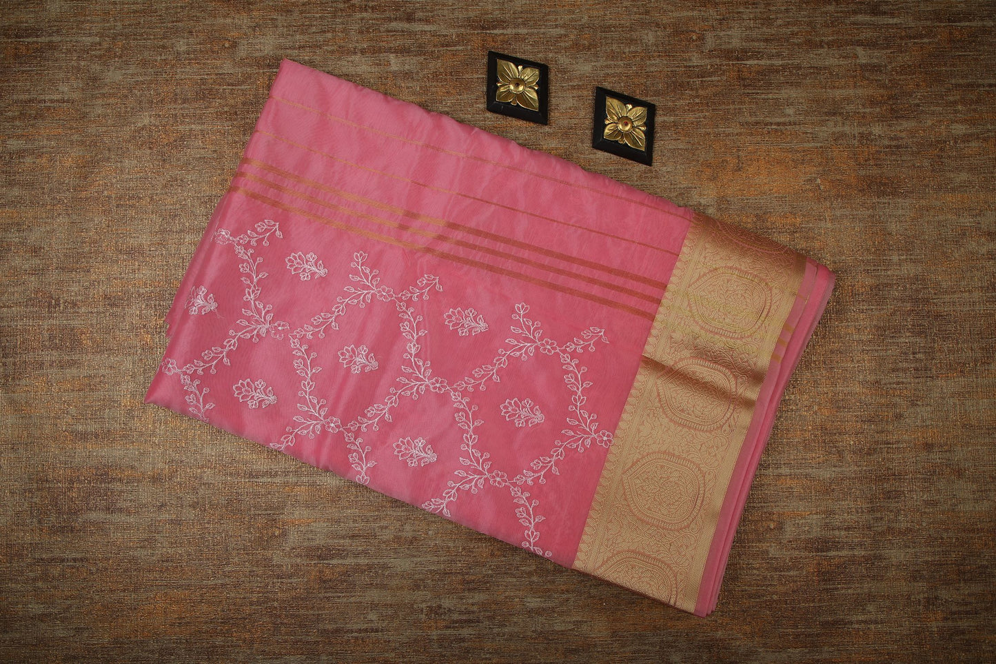 Semi Organza Saree with Embroidery and Zari Border - Pink