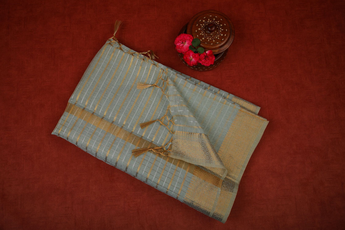 Linen Tissue Saree with Zari Border - Blue