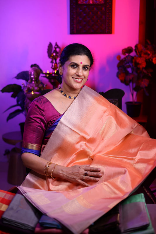 Pure Silk Saree - Peach Orange with Lavendar Border