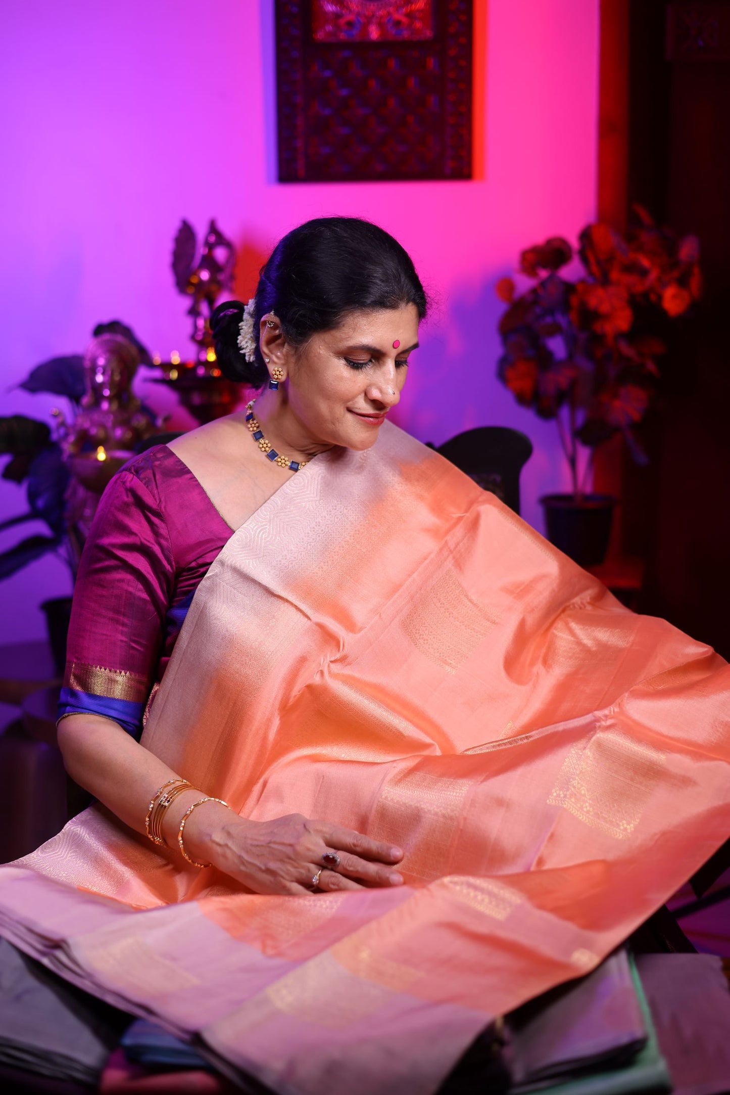 Pure Silk Saree - Peach Orange with Lavendar Border