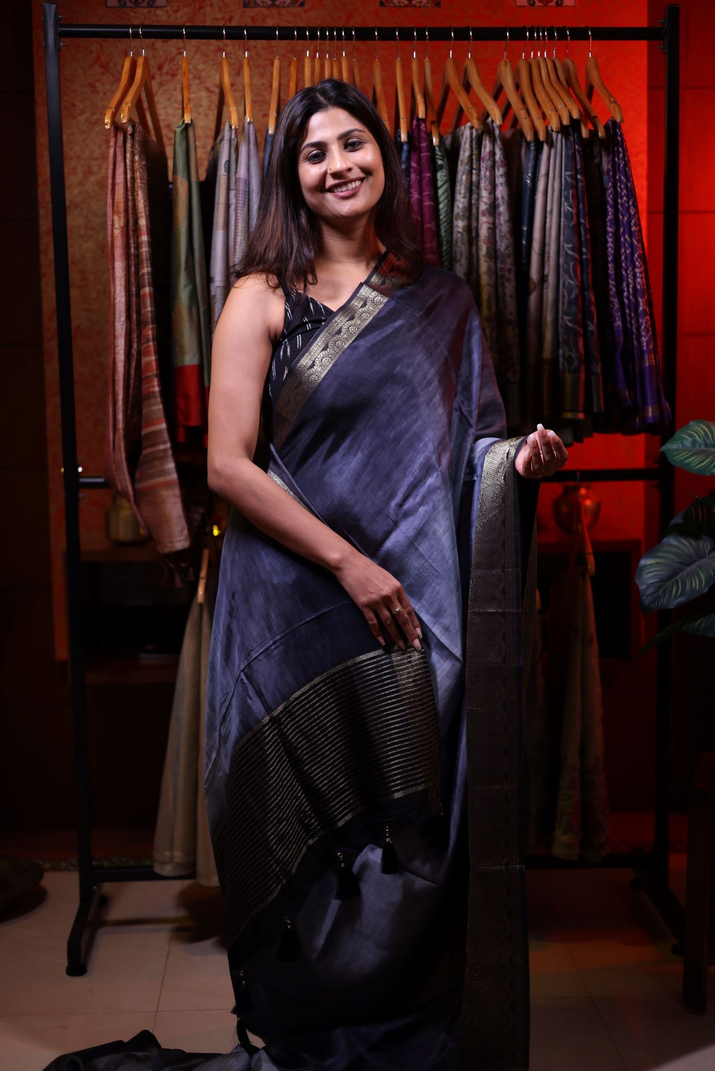 Malai Silk Saree - Grey to Black Grading with Zari Border