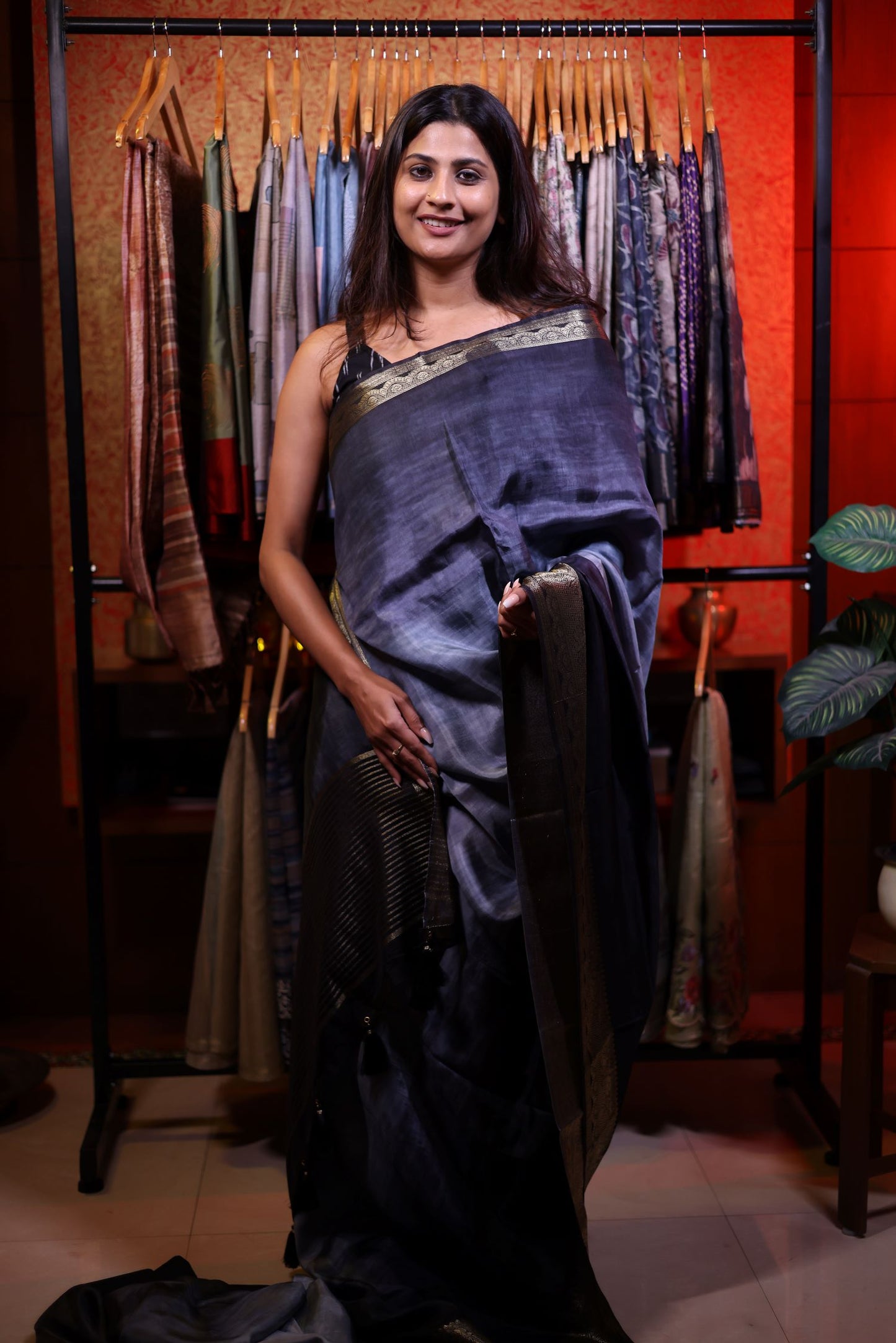 Malai Silk Saree - Grey to Black Grading with Zari Border