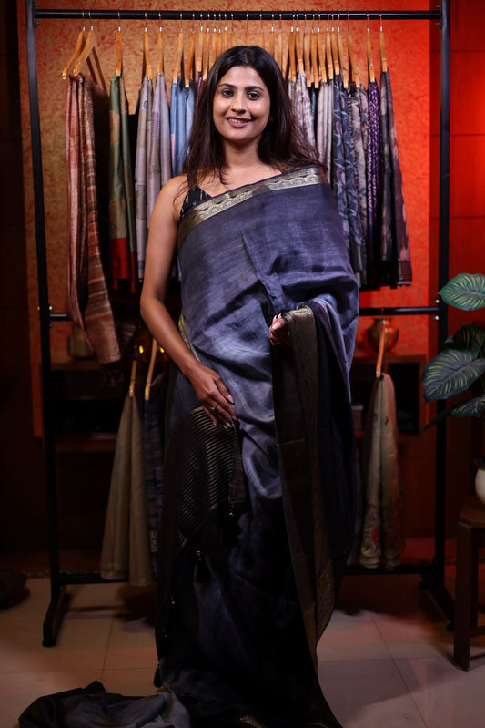 Malai Silk Saree - Grey to Black Grading with Zari Border