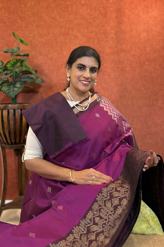 Pure Soft Silk Saree - Magenta Color with Coffee Brown Border