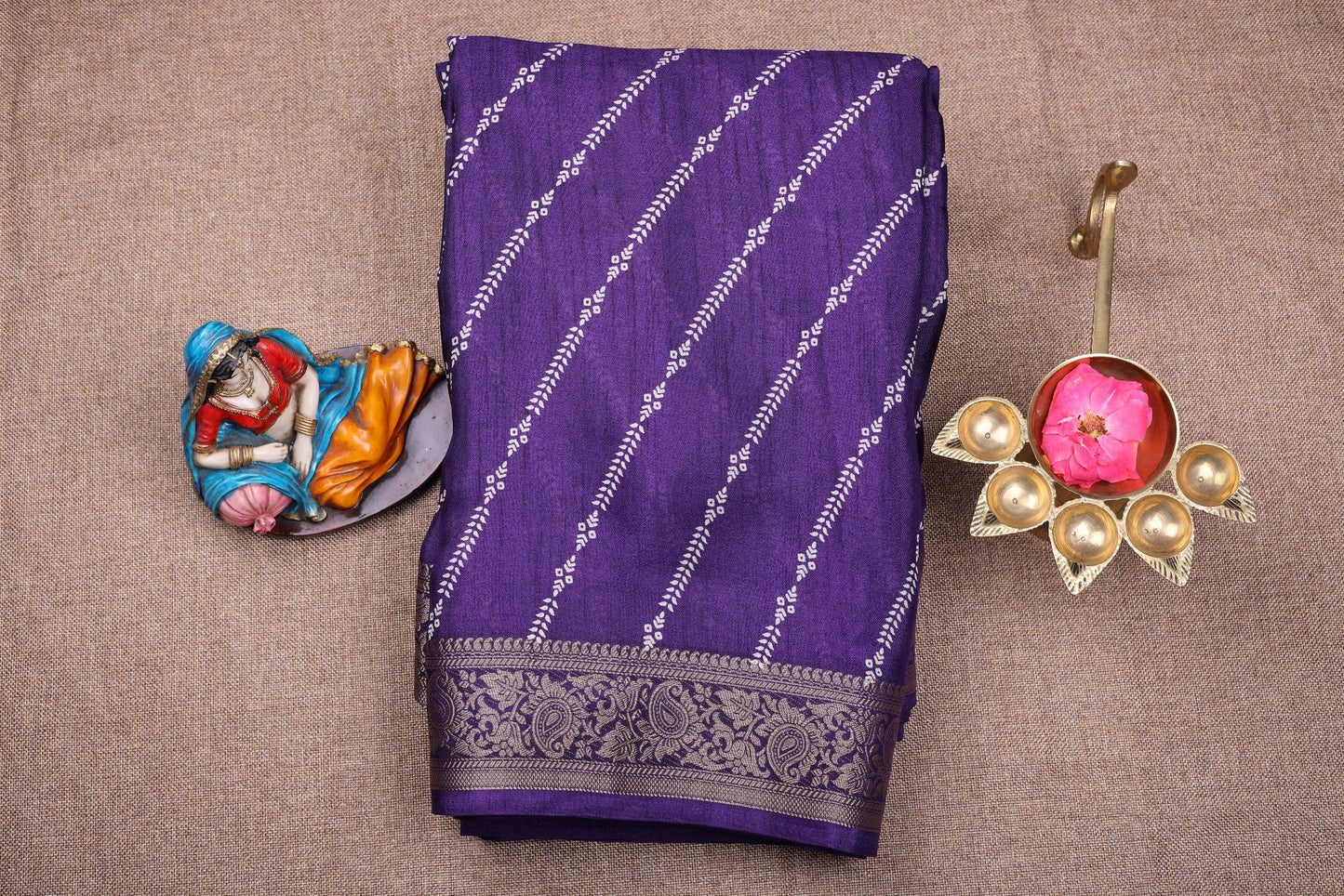 Fancy Semi Georgette Saree - Dark Purple Color with Zari Border & Stitched Blouse