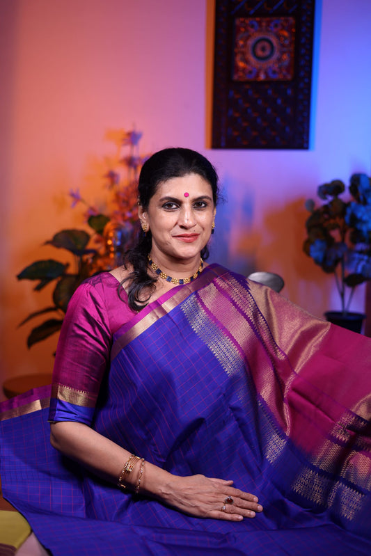 Pure Silk Saree -Indigo Blue Color with Dark Pink Border