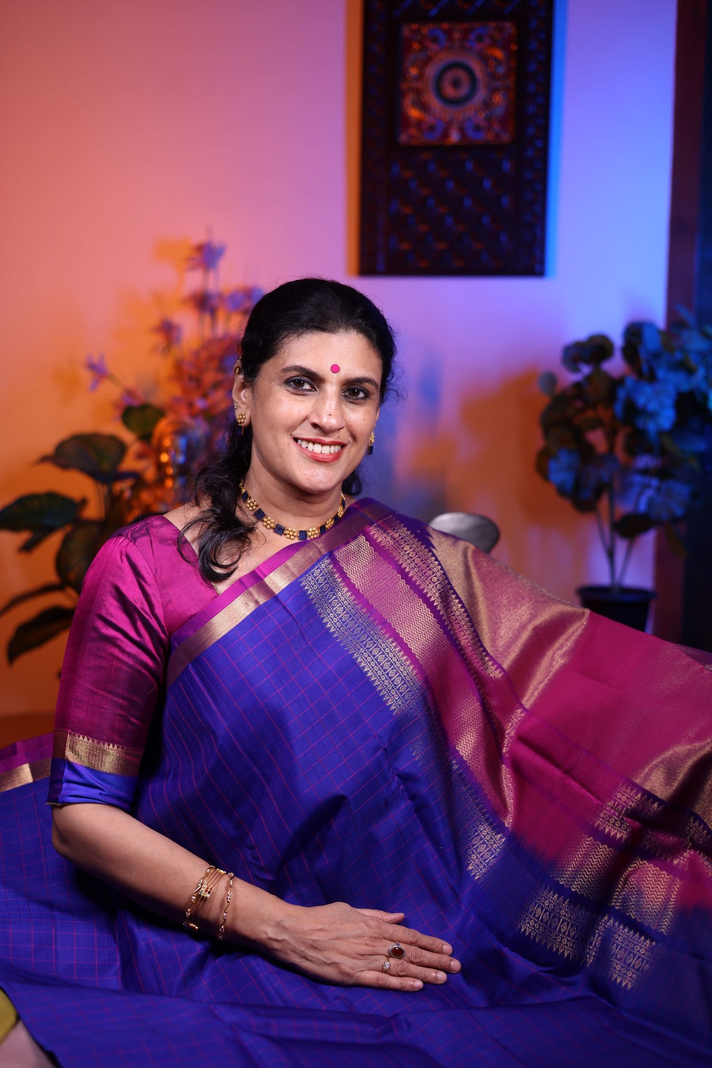 Pure Silk Saree -Indigo Blue Color with Dark Pink Border