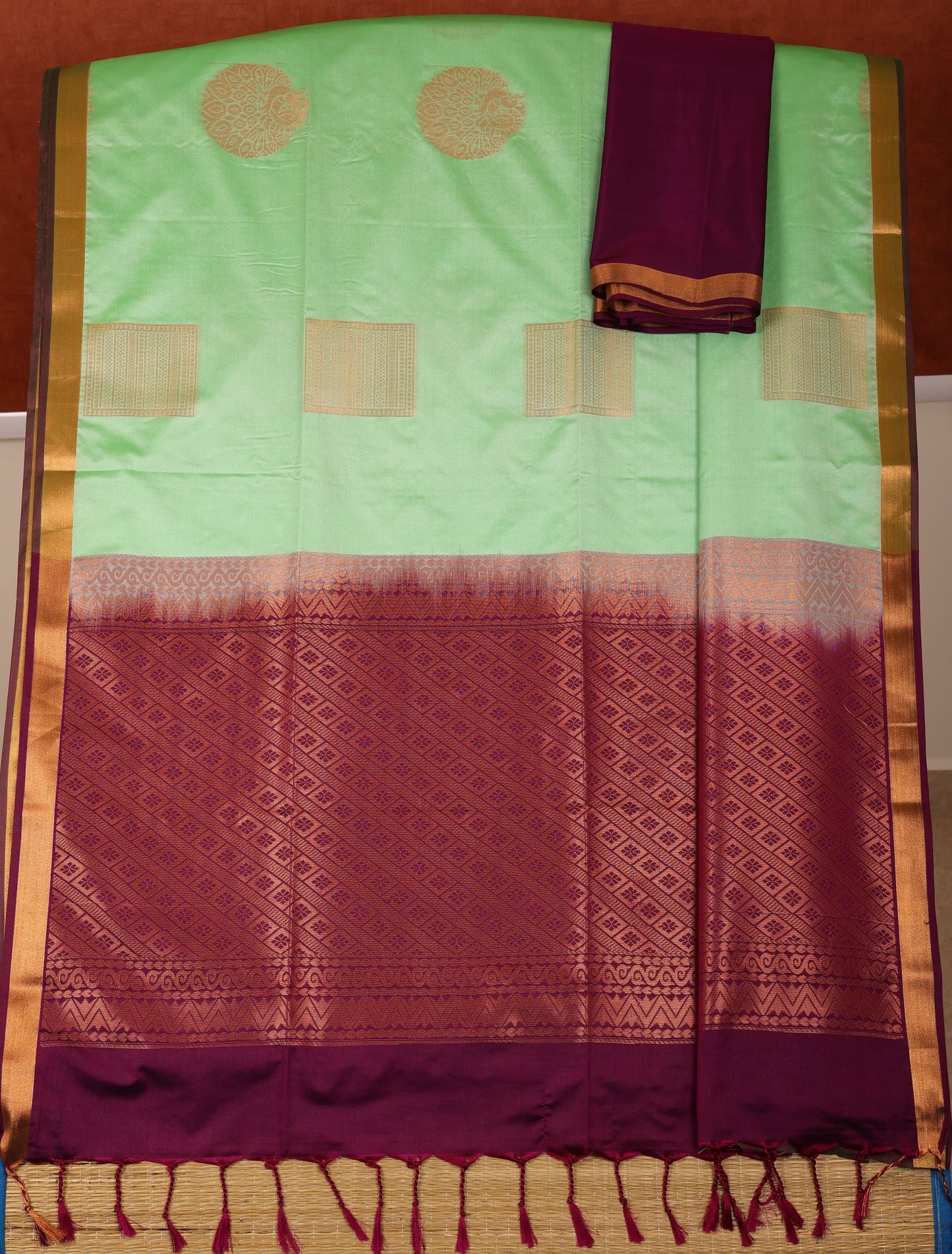 Semi Soft Silk Saree -Mint Green with Purple Border