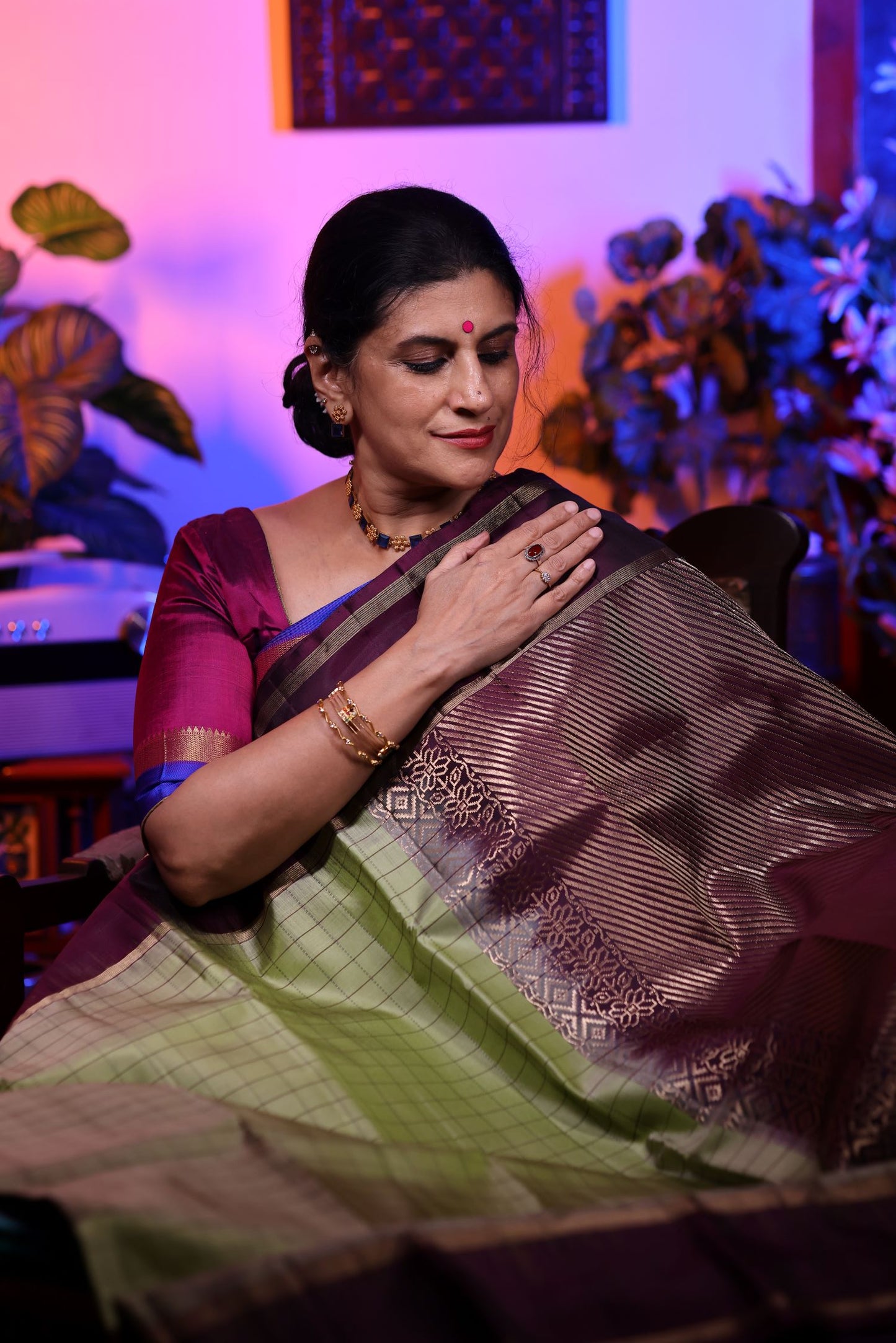 Pure Silk Saree - Olive Green Color with Brown Border