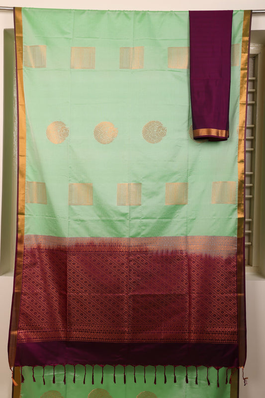 Semi Soft Silk Saree -Mint Green with Purple Border