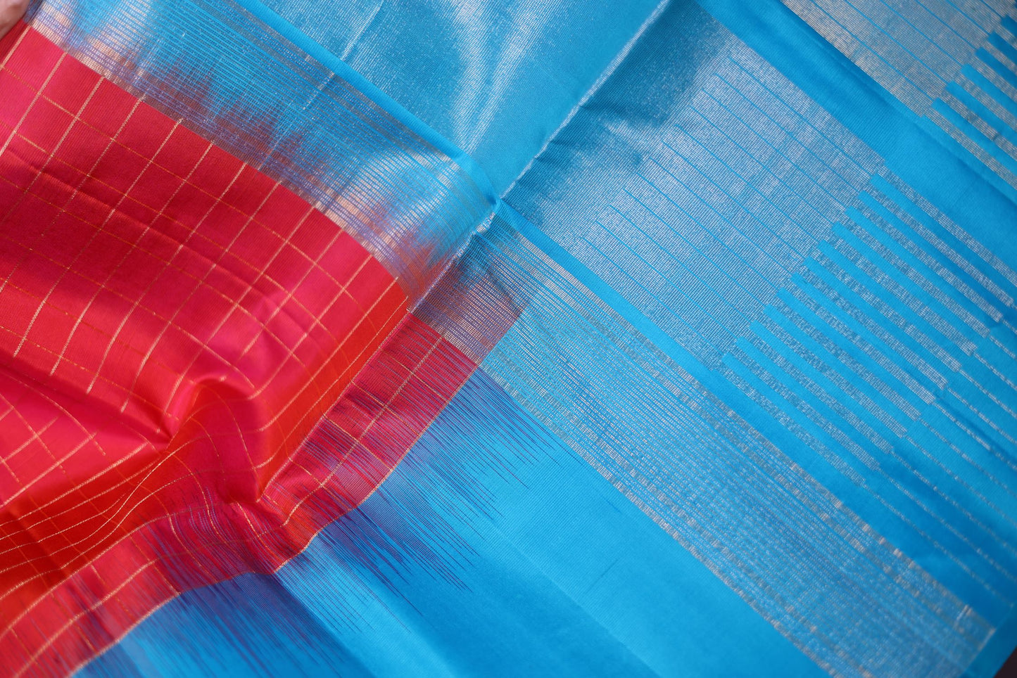 Pure Silk Saree - Red Color with Blue Border