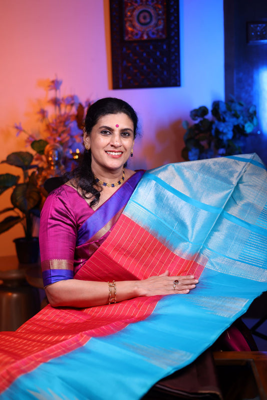 Pure Silk Saree - Red Color with Blue Border