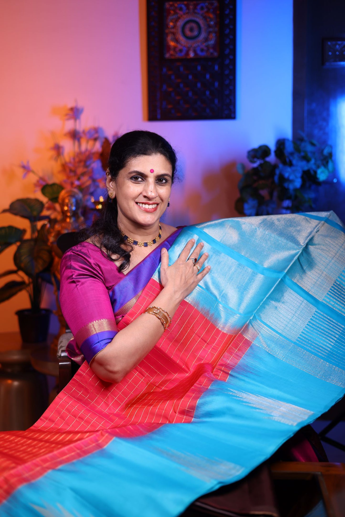 Pure Silk Saree - Red Color with Blue Border