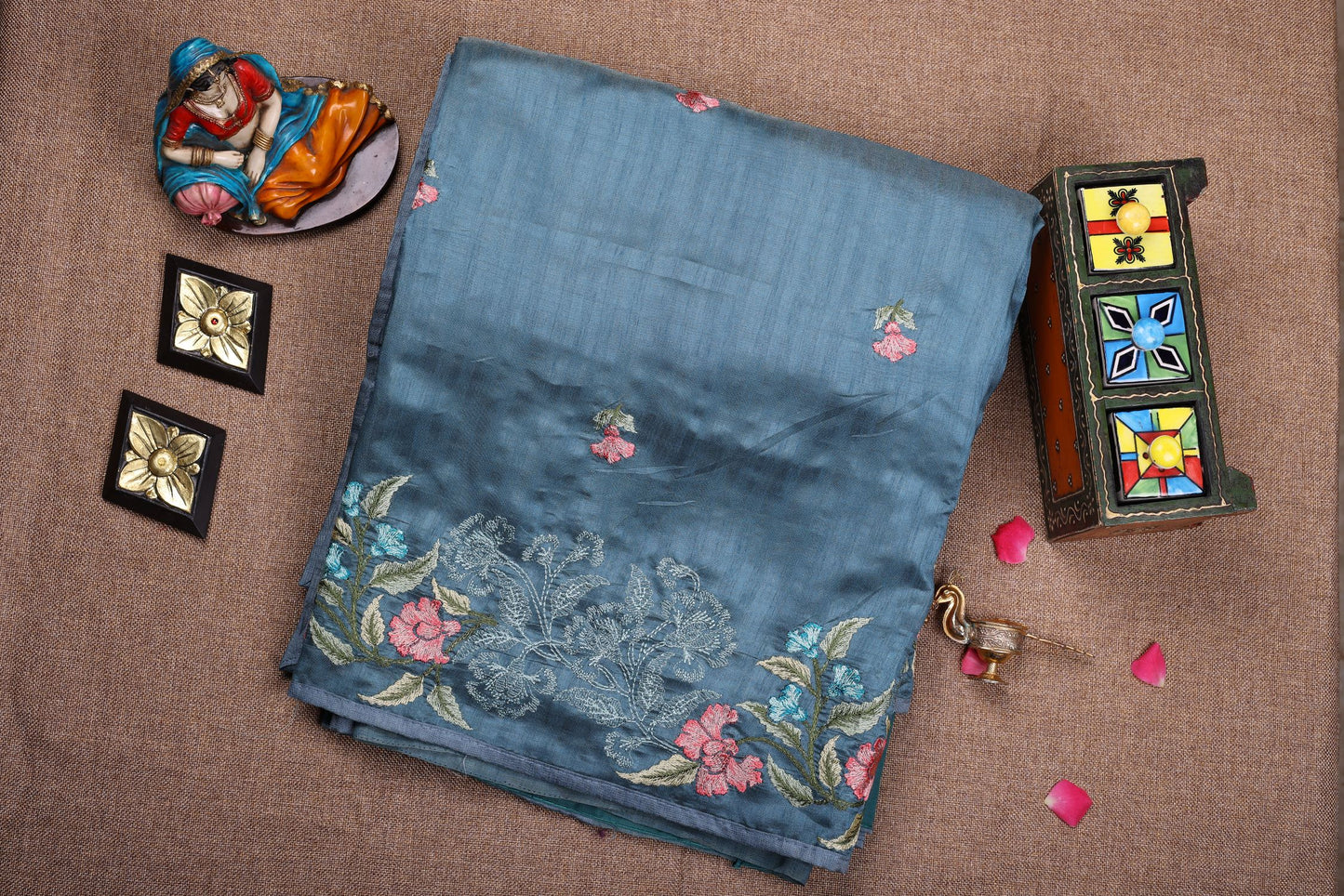 Fancy Threadwork Saree -Blue Color with Floral Design