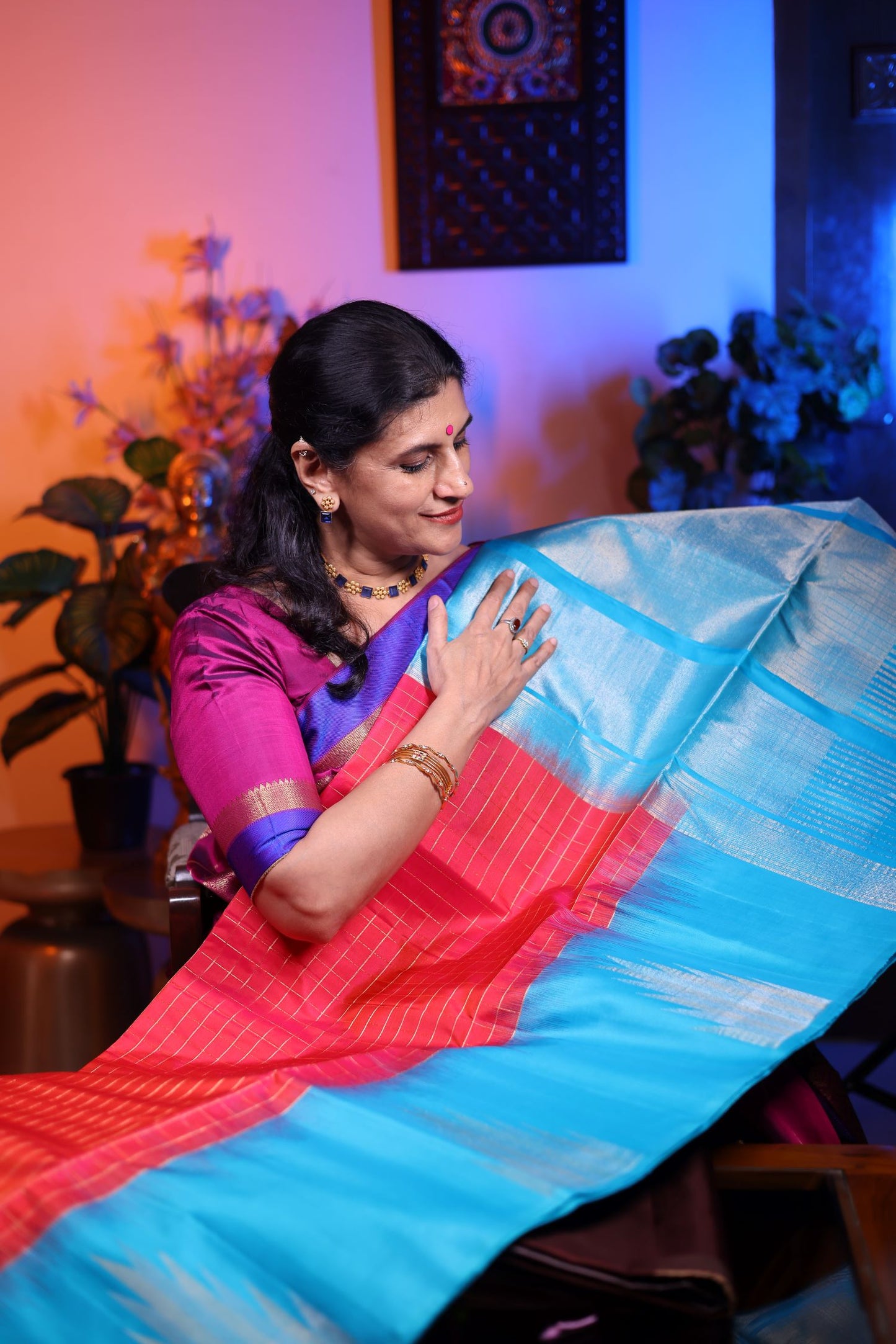 Pure Silk Saree - Red Color with Blue Border