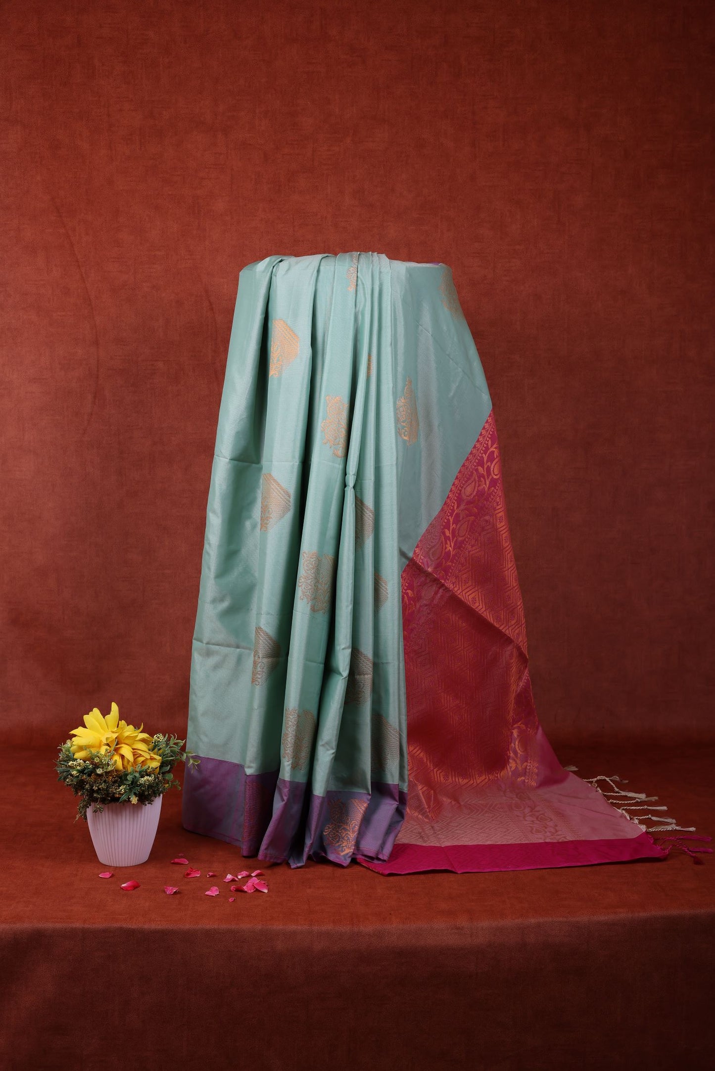 Semi Soft Silk Saree - Pastel Green with Double shade Pink Border