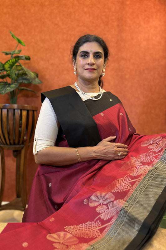 Pure Soft Silk Saree - Wine Color with Black Color Border